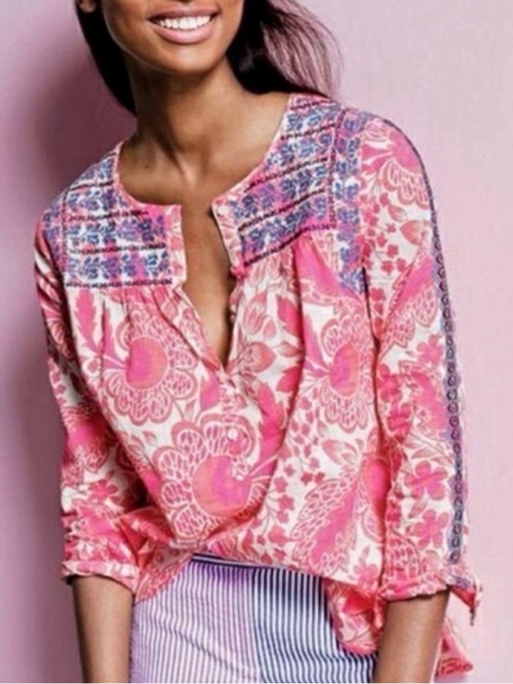 J. Crew Pink Floral Embroidered Split-Neck Tunic